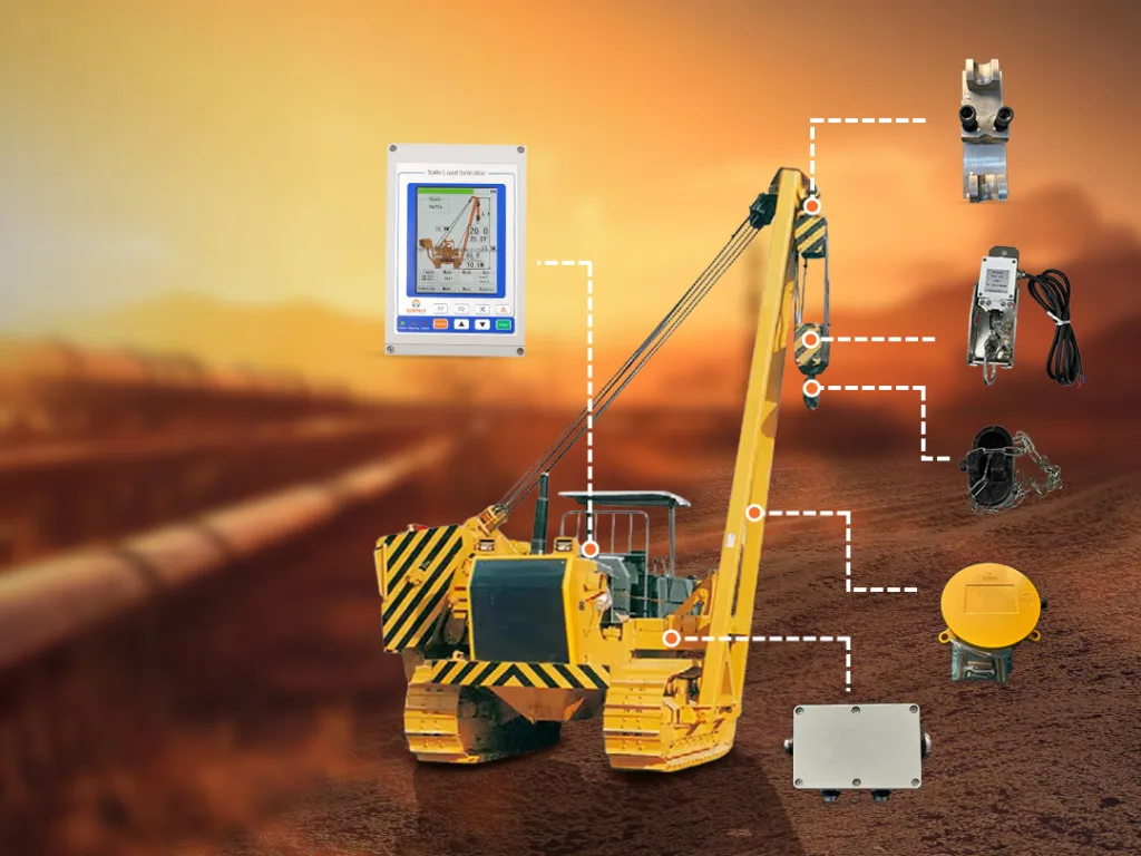 Side boom load moment indicator system installed on pipeline construction machine for real-time load monitoring.
