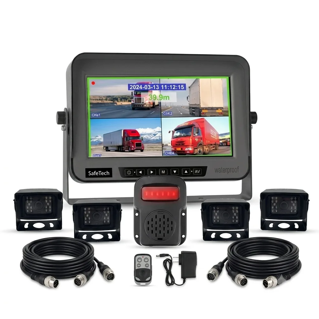 SafeTech AI Proximity Warning Alert System featuring 4-channel AHD cameras, display monitor, external alarm, and cabling for heavy machinery safety.
